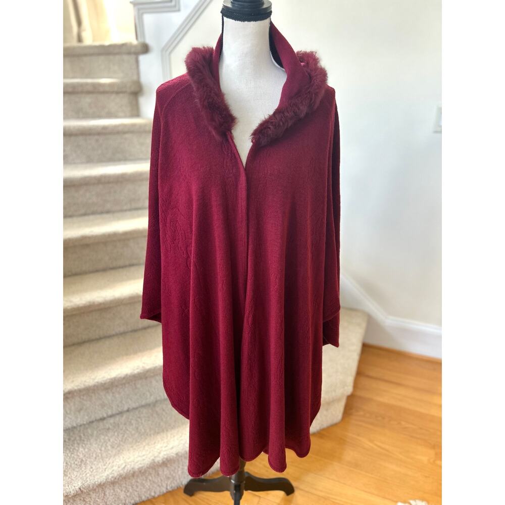 Unbranded Faux Fur Trim Burgundy Red Floral Print Shawl Hooded Cape